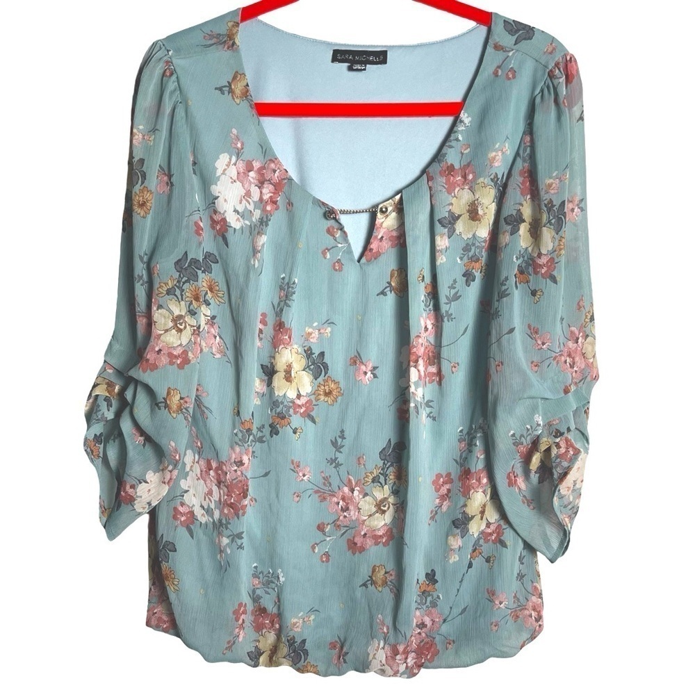 Sara Michelle Women's Pale Green Floral Blouse 3/4 Sleeve Blouse Size L